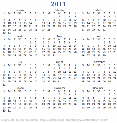 Print Calendar 2011 on Printable Calendar Year At A Glance 2011   One Page Calendar For 2011